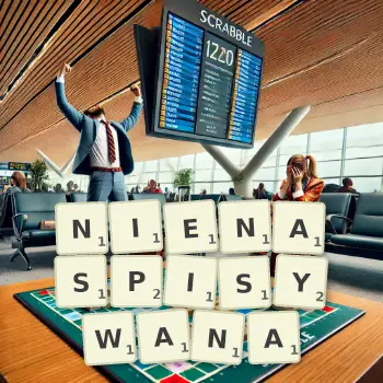 Kreatywna ilustracja do gry w Scrabble ze słowem NIENASPISYWANA ułożonym z płytek na planszy.