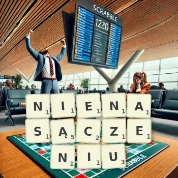 Kreatywna ilustracja do gry w Scrabble ze słowem NIENASĄCZENIU ułożonym z płytek na planszy.
