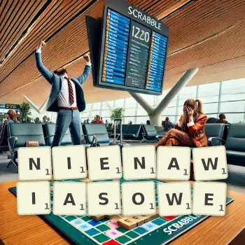 Kreatywna ilustracja do gry w Scrabble ze słowem NIENAWIASOWE ułożonym z płytek na planszy.