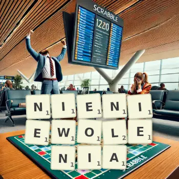 Kreatywna ilustracja do gry w Scrabble ze słowem NIENIEWOLENIA ułożonym z płytek na planszy.