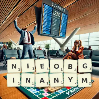Kreatywna ilustracja do gry w Scrabble ze słowem NIEOBGINANYM ułożonym z płytek na planszy.