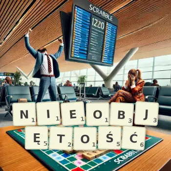 Kreatywna ilustracja do gry w Scrabble ze słowem NIEOBJĘTOŚĆ ułożonym z płytek na planszy.