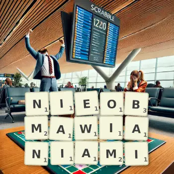 Kreatywna ilustracja do gry w Scrabble ze słowem NIEOBMAWIANIAMI ułożonym z płytek na planszy.