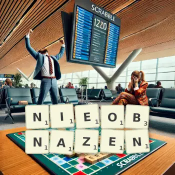 Kreatywna ilustracja do gry w Scrabble ze słowem NIEOBNAZEN ułożonym z płytek na planszy.