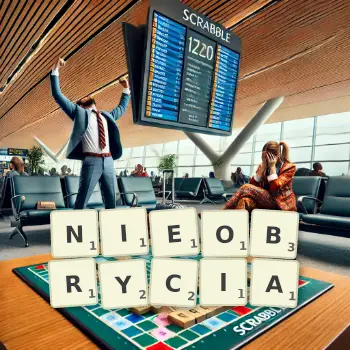 Kreatywna ilustracja do gry w Scrabble ze słowem NIEOBRYCIA ułożonym z płytek na planszy.