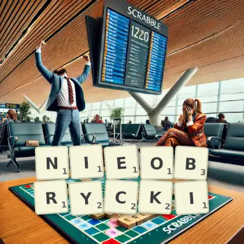 Kreatywna ilustracja do gry w Scrabble ze słowem NIEOBRYCKI ułożonym z płytek na planszy.