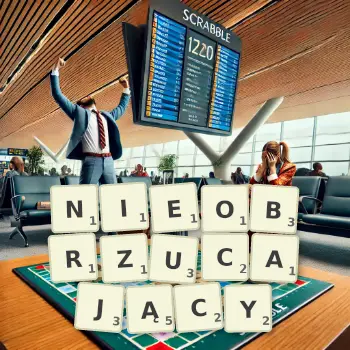 Kreatywna ilustracja do gry w Scrabble ze słowem NIEOBRZUCAJĄCY ułożonym z płytek na planszy.