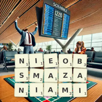 Kreatywna ilustracja do gry w Scrabble ze słowem NIEOBSMAZANIAMI ułożonym z płytek na planszy.