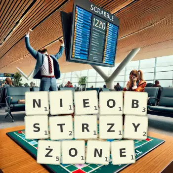 Kreatywna ilustracja do gry w Scrabble ze słowem NIEOBSTRZYŻONE ułożonym z płytek na planszy.