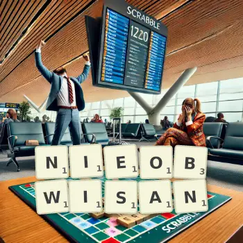 Kreatywna ilustracja do gry w Scrabble ze słowem NIEOBWISAN ułożonym z płytek na planszy.