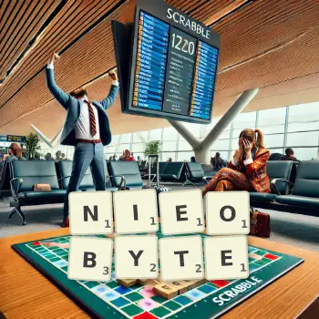 Kreatywna ilustracja do gry w Scrabble ze słowem NIEOBYTE ułożonym z płytek na planszy.