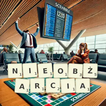 Kreatywna ilustracja do gry w Scrabble ze słowem NIEOBŻARCIA ułożonym z płytek na planszy.
