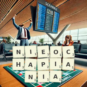 Kreatywna ilustracja do gry w Scrabble ze słowem NIEOCHAPIANIA ułożonym z płytek na planszy.