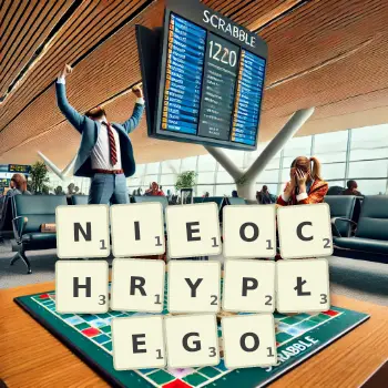 Kreatywna ilustracja do gry w Scrabble ze słowem NIEOCHRYPŁEGO ułożonym z płytek na planszy.