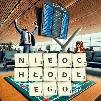 Kreatywna ilustracja do gry w Scrabble ze słowem NIEOCHŁODŁEGO ułożonym z płytek na planszy.