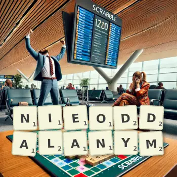 Kreatywna ilustracja do gry w Scrabble ze słowem NIEODDALANYM ułożonym z płytek na planszy.