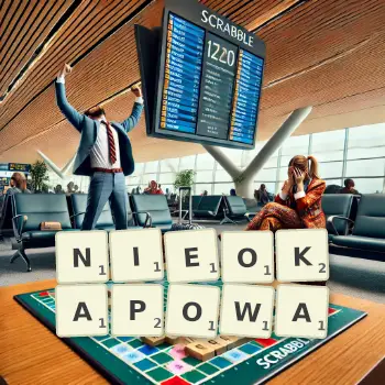 Kreatywna ilustracja do gry w Scrabble ze słowem NIEOKAPOWA ułożonym z płytek na planszy.