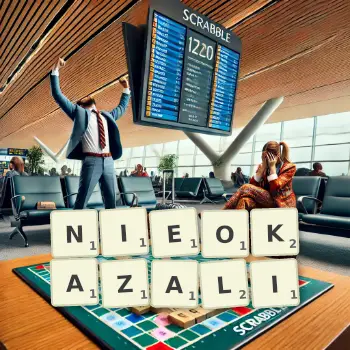 Kreatywna ilustracja do gry w Scrabble ze słowem NIEOKAZALI ułożonym z płytek na planszy.