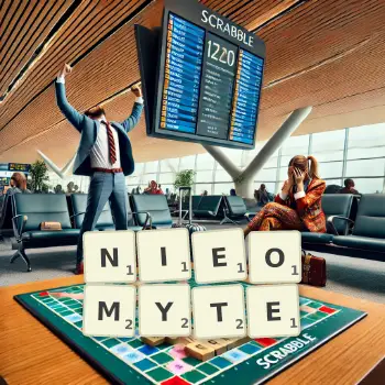 Kreatywna ilustracja do gry w Scrabble ze słowem NIEOMYTE ułożonym z płytek na planszy.