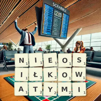Kreatywna ilustracja do gry w Scrabble ze słowem NIEOSIŁKOWATYMI ułożonym z płytek na planszy.