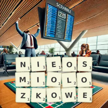 Kreatywna ilustracja do gry w Scrabble ze słowem NIEOSMIOLOZKOWE ułożonym z płytek na planszy.