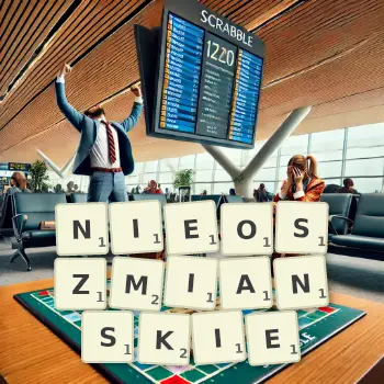 Kreatywna ilustracja do gry w Scrabble ze słowem NIEOSZMIANSKIE ułożonym z płytek na planszy.