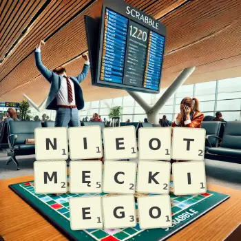 Kreatywna ilustracja do gry w Scrabble ze słowem NIEOTMĘCKIEGO ułożonym z płytek na planszy.