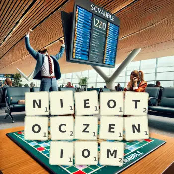 Kreatywna ilustracja do gry w Scrabble ze słowem NIEOTOCZENIOM ułożonym z płytek na planszy.
