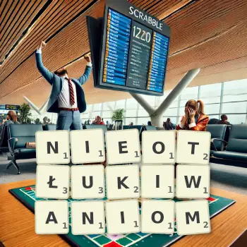 Kreatywna ilustracja do gry w Scrabble ze słowem NIEOTŁUKIWANIOM ułożonym z płytek na planszy.