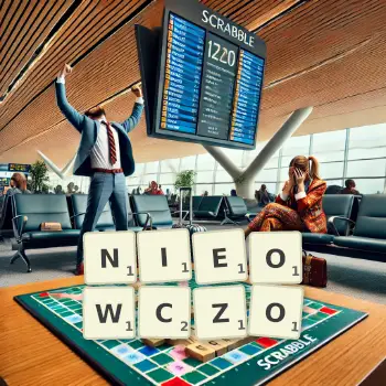 Kreatywna ilustracja do gry w Scrabble ze słowem NIEOWCZO ułożonym z płytek na planszy.