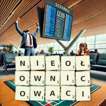 Kreatywna ilustracja do gry w Scrabble ze słowem NIEOŁOWNICOWACI ułożonym z płytek na planszy.