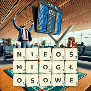 Kreatywna ilustracja do gry w Scrabble ze słowem NIEOŚMIOGŁOSOWE ułożonym z płytek na planszy.
