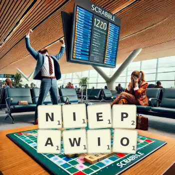 Kreatywna ilustracja do gry w Scrabble ze słowem NIEPAWIO ułożonym z płytek na planszy.