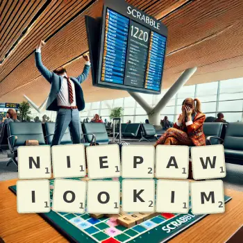 Kreatywna ilustracja do gry w Scrabble ze słowem NIEPAWIOOKIM ułożonym z płytek na planszy.