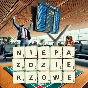 Kreatywna ilustracja do gry w Scrabble ze słowem NIEPAŹDZIERZOWE ułożonym z płytek na planszy.