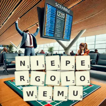 Kreatywna ilustracja do gry w Scrabble ze słowem NIEPERGOLOWEMU ułożonym z płytek na planszy.