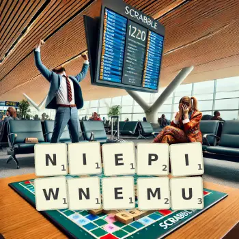 Kreatywna ilustracja do gry w Scrabble ze słowem NIEPIWNEMU ułożonym z płytek na planszy.