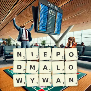 Kreatywna ilustracja do gry w Scrabble ze słowem NIEPODMALOWYWAN ułożonym z płytek na planszy.