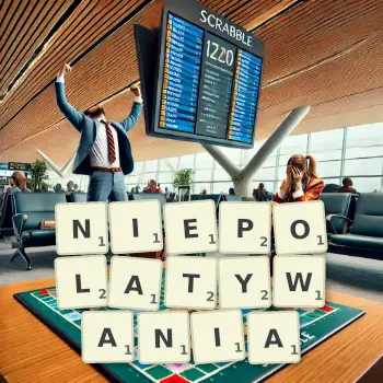 Kreatywna ilustracja do gry w Scrabble ze słowem NIEPOLATYWANIA ułożonym z płytek na planszy.