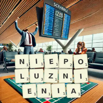 Kreatywna ilustracja do gry w Scrabble ze słowem NIEPOLUZNIENIA ułożonym z płytek na planszy.
