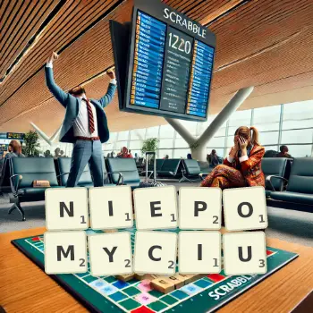 Kreatywna ilustracja do gry w Scrabble ze słowem NIEPOMYCIU ułożonym z płytek na planszy.