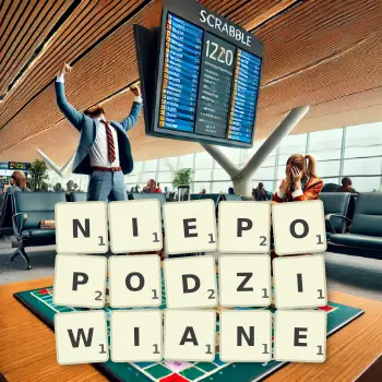 Kreatywna ilustracja do gry w Scrabble ze słowem NIEPOPODZIWIANE ułożonym z płytek na planszy.