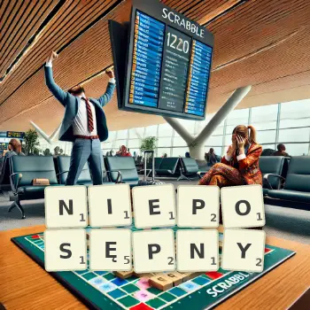 Kreatywna ilustracja do gry w Scrabble ze słowem NIEPOSĘPNY ułożonym z płytek na planszy.