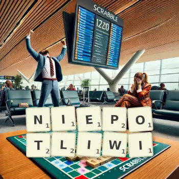 Kreatywna ilustracja do gry w Scrabble ze słowem NIEPOTLIWI ułożonym z płytek na planszy.