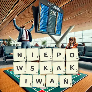 Kreatywna ilustracja do gry w Scrabble ze słowem NIEPOWSKAKIWAŃ ułożonym z płytek na planszy.