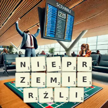 Kreatywna ilustracja do gry w Scrabble ze słowem NIEPRZEMIERŹLI ułożonym z płytek na planszy.