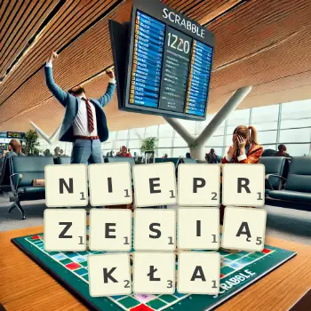 Kreatywna ilustracja do gry w Scrabble ze słowem NIEPRZESIĄKŁA ułożonym z płytek na planszy.