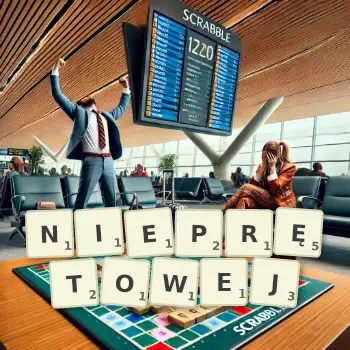 Kreatywna ilustracja do gry w Scrabble ze słowem NIEPRĘTOWEJ ułożonym z płytek na planszy.