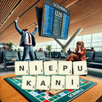 Kreatywna ilustracja do gry w Scrabble ze słowem NIEPUKANI ułożonym z płytek na planszy.