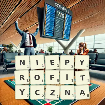 Kreatywna ilustracja do gry w Scrabble ze słowem NIEPYROFITYCZNĄ ułożonym z płytek na planszy.